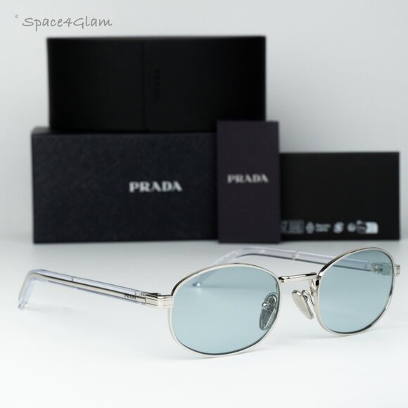 Prada Women Sunglasses Silver Azure Oval PRB53S 1BC40N NEW AUTHENTIC - Picture 1 of 14